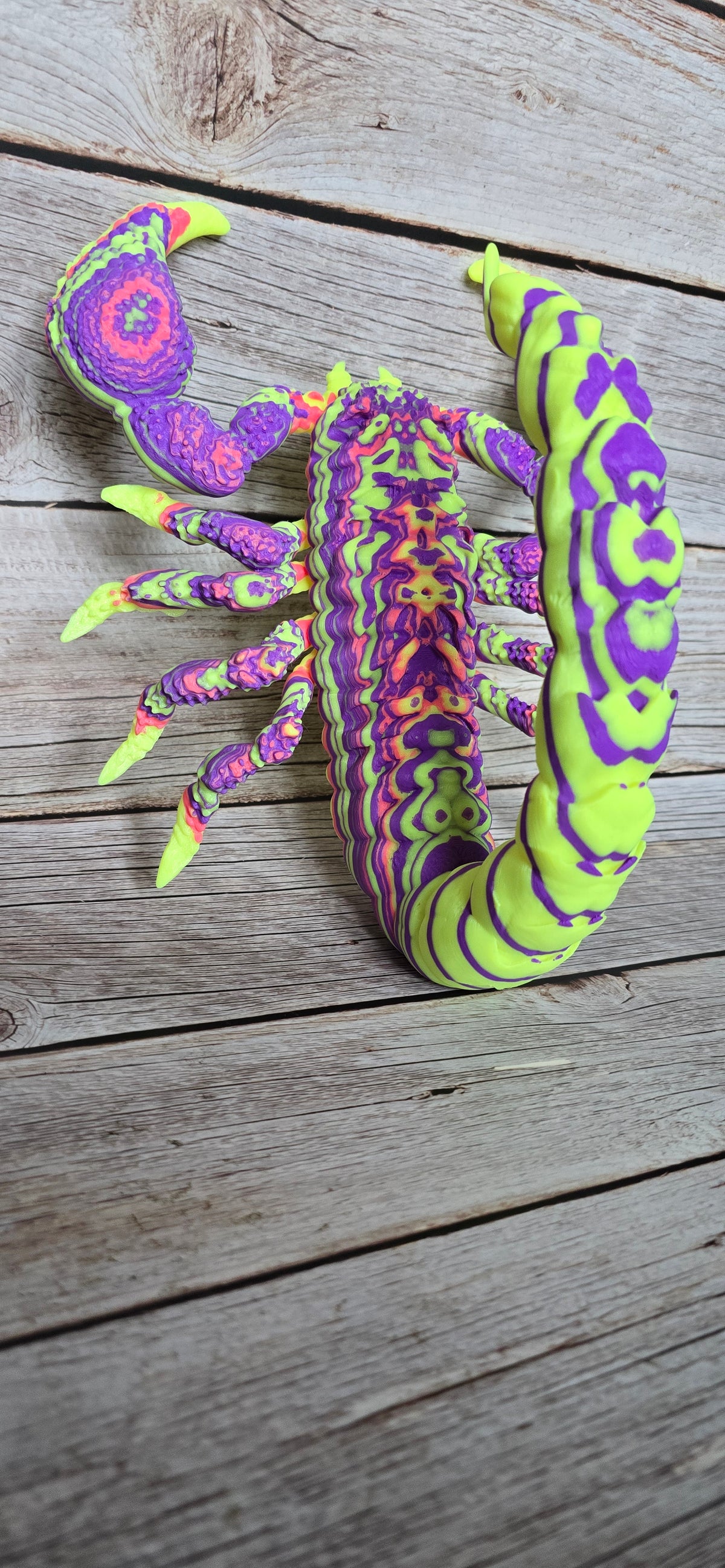 Psychedelic scorpion wall sculpture in neon green, purple, pink and orange with raised claws, pointed legs and a curled stinger.