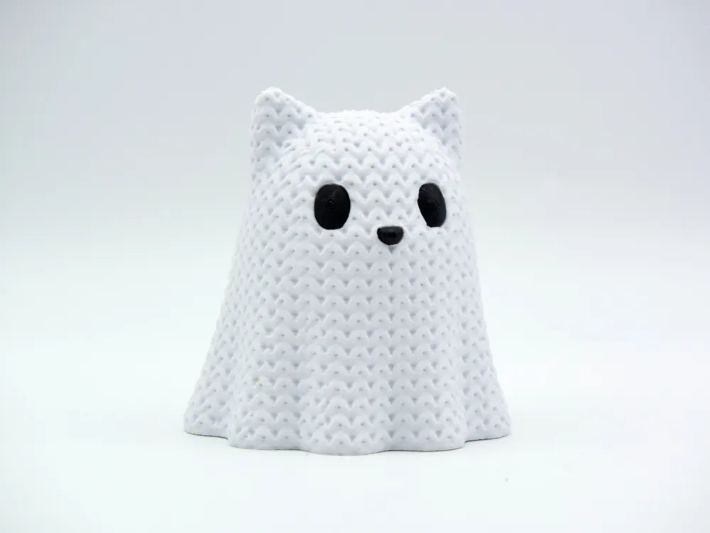 Knitted Ghost Cat Figurine | 3D Printed Halloween Decor