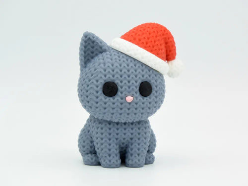 Festive Knitted Christmas Cat with Santa Hat - Holiday PLA Figurine