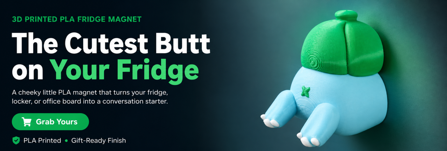Dragon Layers product banner for Bulbasaur-inspired PLA fridge magnet showing a cute teal Pokemon-style figure from behind