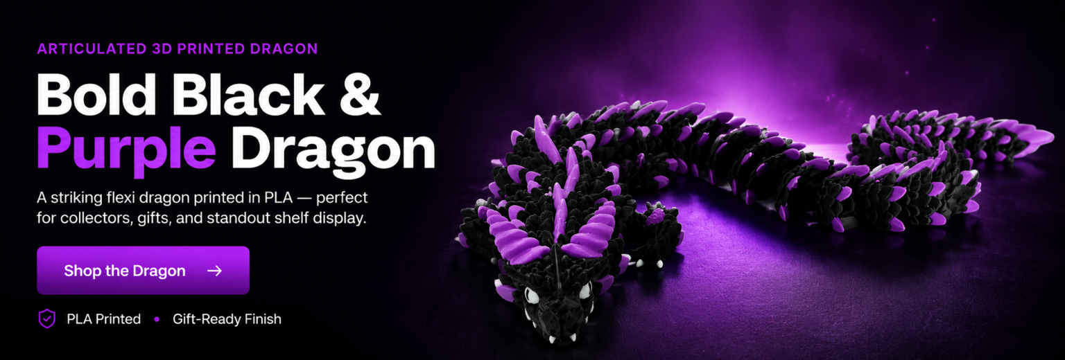 Dragon Layers product banner for Bold Black and Purple Dragon, an articulated 3D printed flexi dragon in black and purple PLA