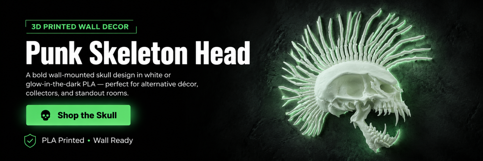 Dragon Layers product banner for Punk Skeleton Head, a 3D printed glow-in-the-dark skull with mohawk wall decor