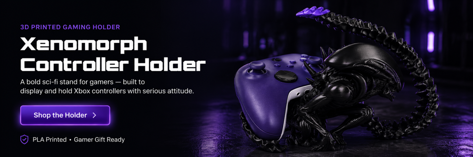 Dragon Layers product banner for Xenomorph Controller Holder, a 3D printed sci-fi alien figure designed to hold Xbox controllers
