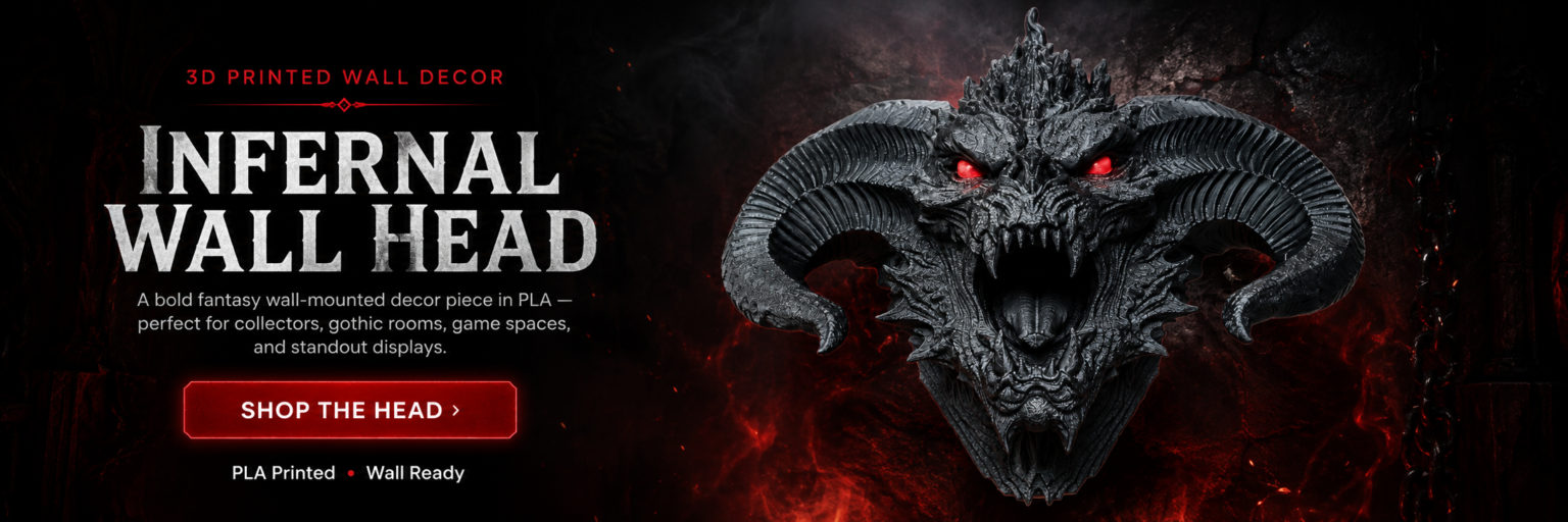 Dragon Layers product banner for Infernal Wall Head, a 3D printed dark fantasy horned demon skull wall decor with red glowing eyes