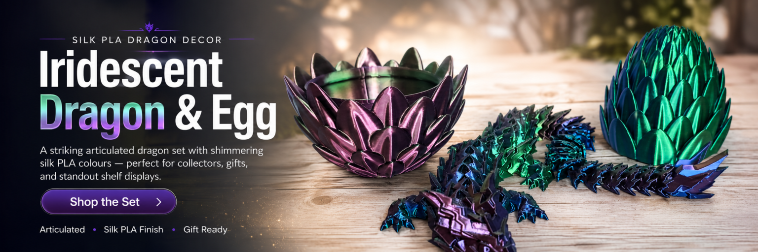 Dragon Layers product banner for Iridescent Dragon and Egg silk PLA set with shimmering purple and green colors